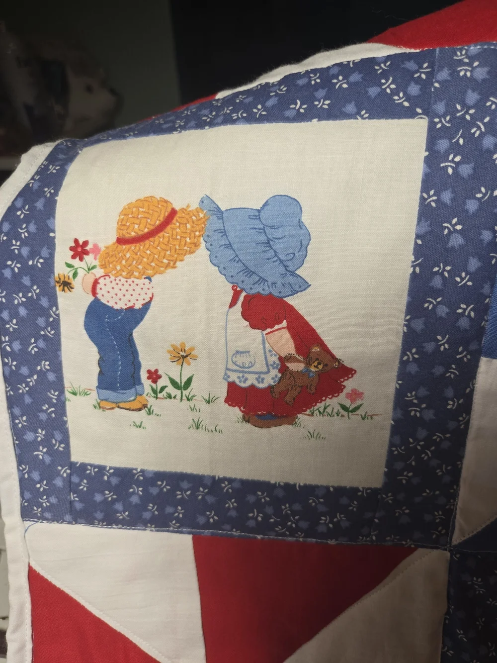 Handcrafted Cotton Patchwork Baby Quilt in Red, Blue & White